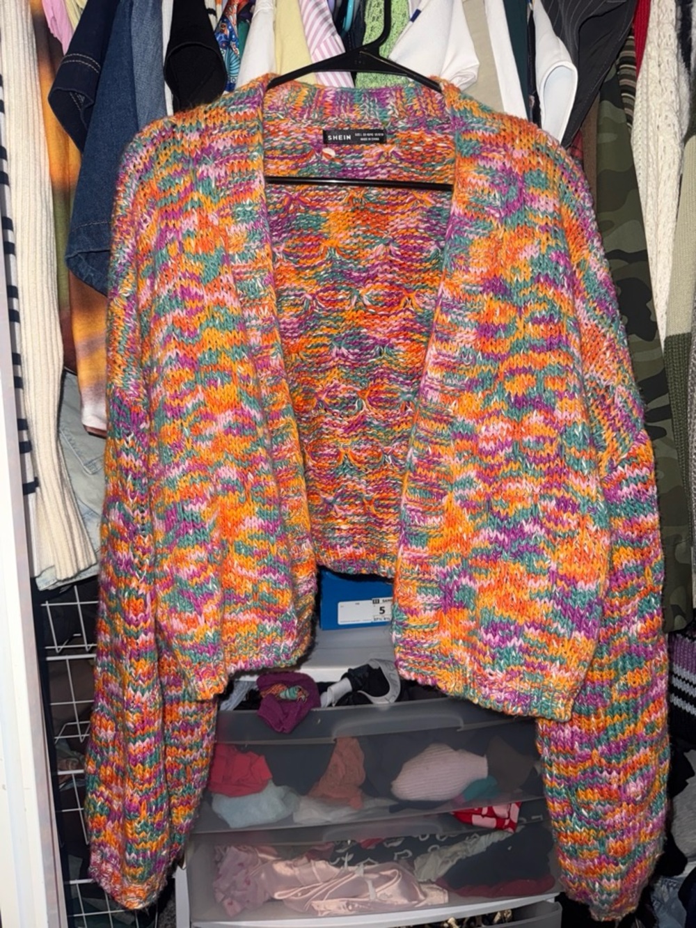 SHEIN Multicolor Chunky Knit Open-Front Cardigan — Orange Pink Purple Green